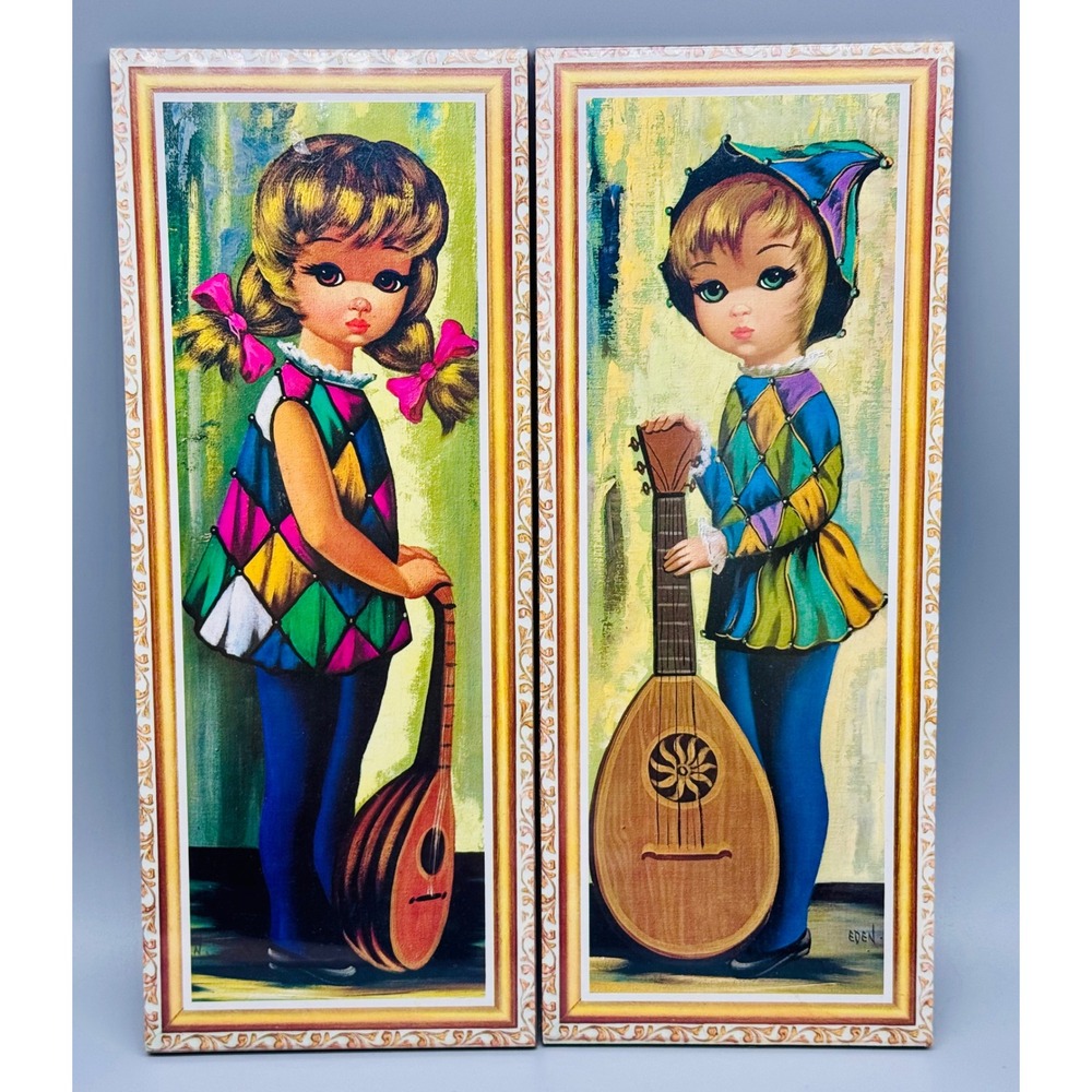 Soroka Eden Moppet Wall Plaques Harlequin Big Eye Children Vintage Mid Century